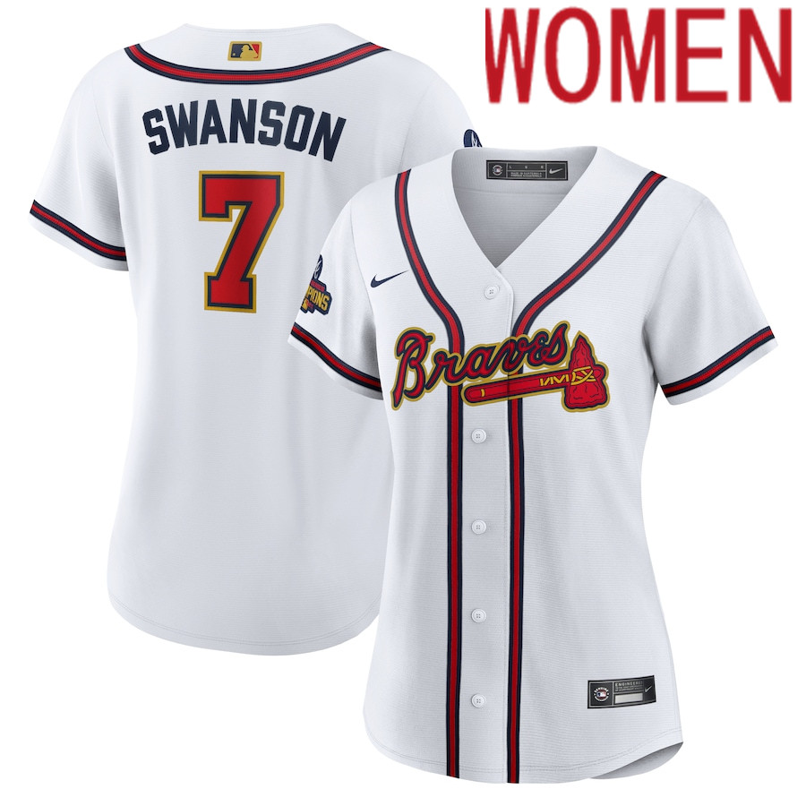 Custom Women Atlanta Braves #7 Dansby Swanson Nike White 2022 Gold Program Replica Player MLB Jersey